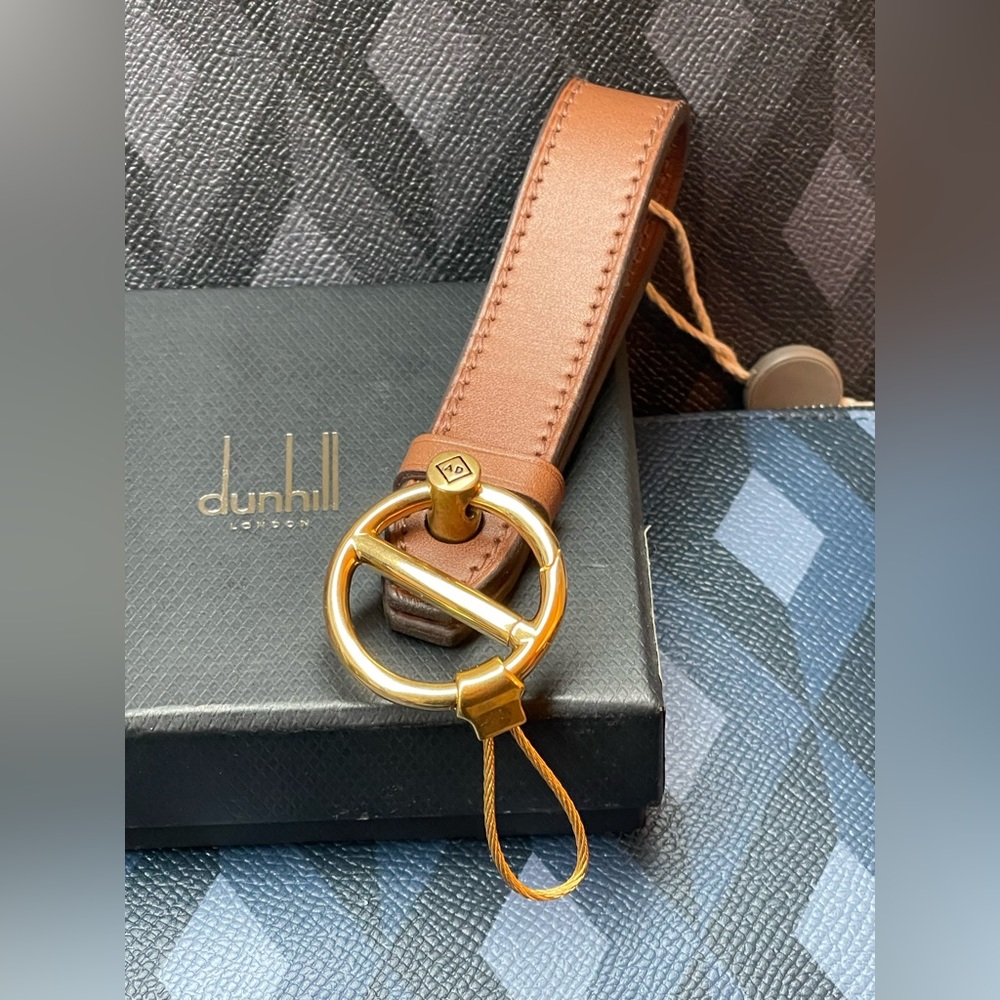 Dunhill brown Leather strap logo framed gold clasp key fob key chain 5.8inches